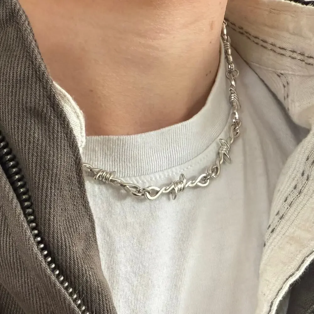 Y2K Grey and Silver Barbed Wire Chain Necklace